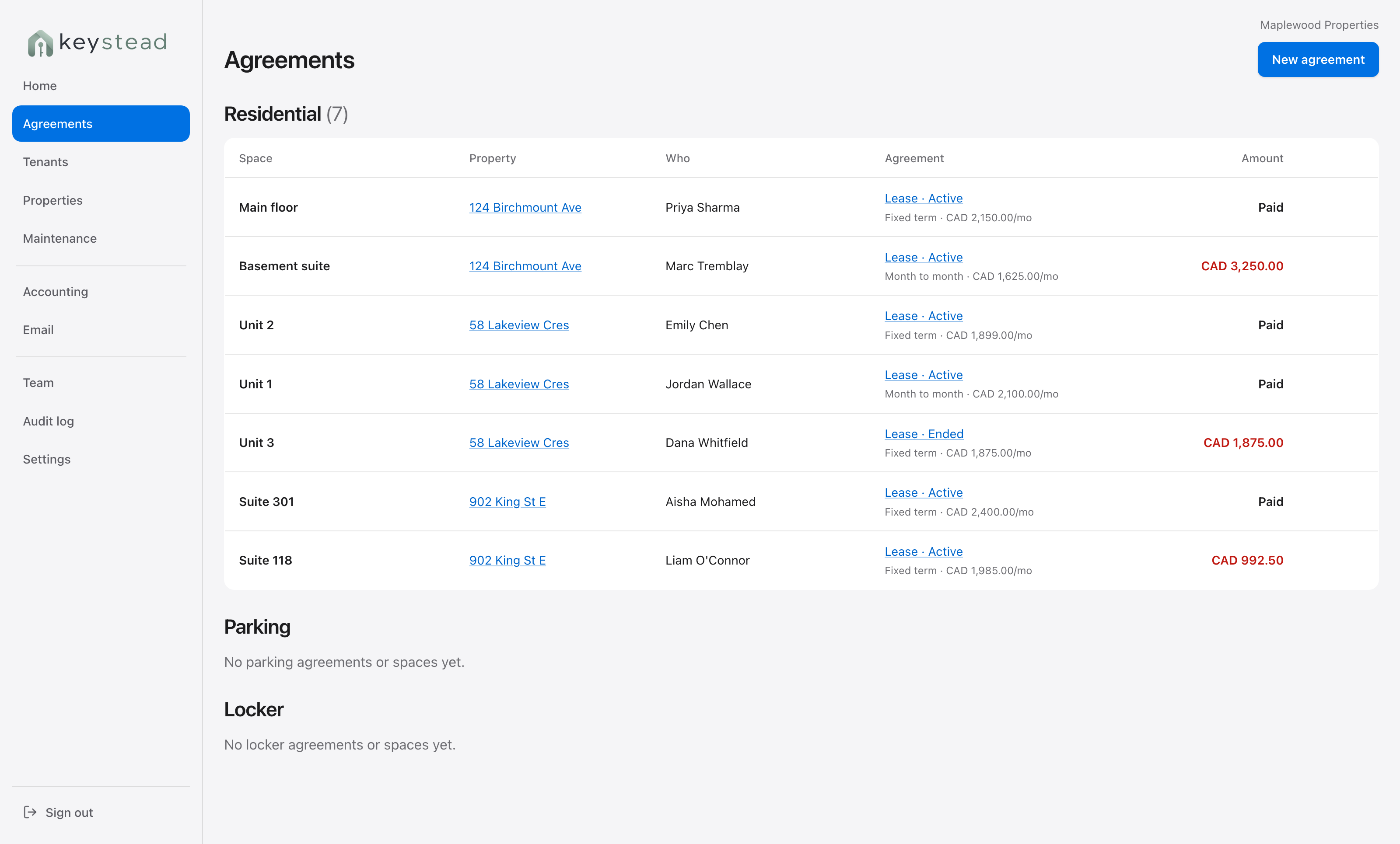 Keystead agreements screen: every lease with its rent, live balance, and status